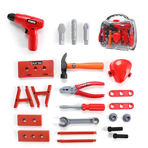 Kids Tool Set, 24pcs Durable Tool Toys with Electronic Cordless Drill, Other Pretend play Construction Accessories, A Sturdy Case for Age 3+ Toddlers Practical Ability
