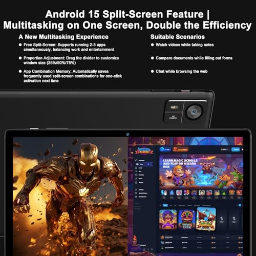 JVVQTB Tablet Android 15 Octa Core 30GB RAM + 128GB ROM (2TB TF) tablets 10 Inch | 5G + 2.4G WiFi | GPS |Widevine L1|Gemini AI|FHD | Bluetooth 5.0 | 8MP + 5MP | Type C, Tablets with a case - Black