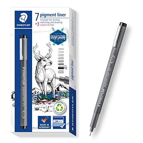 Staedtler Pigment Liner in diverse larghezze di linee con 3 liner gratis, inchiostro pigmentato per documenti, lunga durata, 7 larghezze di linee con 3 rivestimenti colorati, multicolore, 1 pezzo