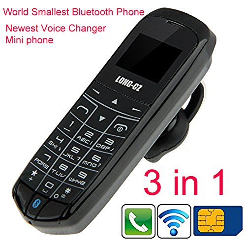 Worlds Smallest Phone 3 in 1 Mini Phone UNLOCKED with Hands Free Bluetooth Dialer,Bluetooth Headphone,SIM Card GSM LONG-CZ J8 Black