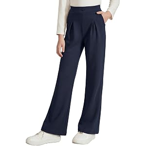 blibean Girls School Uniform Dressy Pants with Pockets Size 6-15 Years | Kid Elastic High Waist Trousers, Stretchy, Loose Str