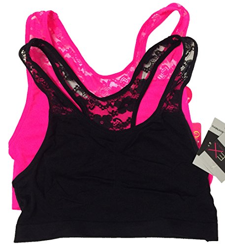 2 Pack Racerback Lace Back Comfort Sports Bra Unpadded (S/M, Black/Neon Pink)