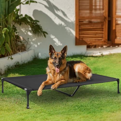 Veehoo XL Elevated Outdoor Dog Bed, Cooling Raised Dog Cot for Large Dogs, Off Ground Pet Hammock Beds with Washable Breathable Mesh, No-Slip Feet, 125x83x23cm, Black