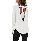 Tankaneo Womens Open Back Workout Shirts Casual Long Sleeve Boat Neck Tops Athletic Gym Yoga Tees with Thumb Holes