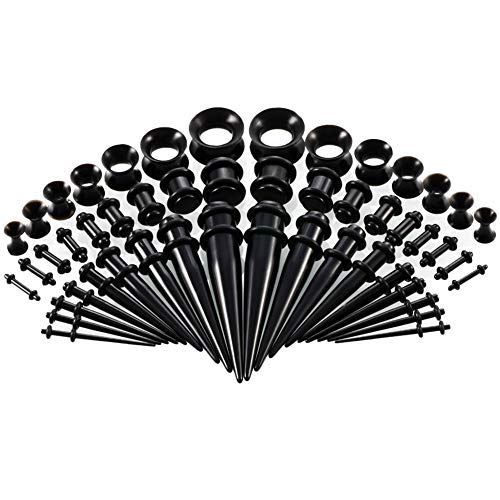 50Pcs Ear Stretchers Kit Body Piercing Jewelry, Taper Kit, 1.6mm - 12mm 18 Pcs Acrylic Tapers with Double O- Rings, 14Pcs Silicone Flared Tunnels, 18 Pcs Acrylic Plugs with Double O-Rings (Black)