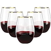 FOCUSLINE 20pcs 16 Oz Plastic Wine Glasses, Stemless Gold Rim, Heavy Duty Disposable Drinking Cups, Reusable Shatterproof for Party & Wedding