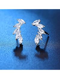 Stud Earrings Plantium Plated Sterling Silver Leaf Flat Earrings with 5pcs Oval CZ for Women and Girls
