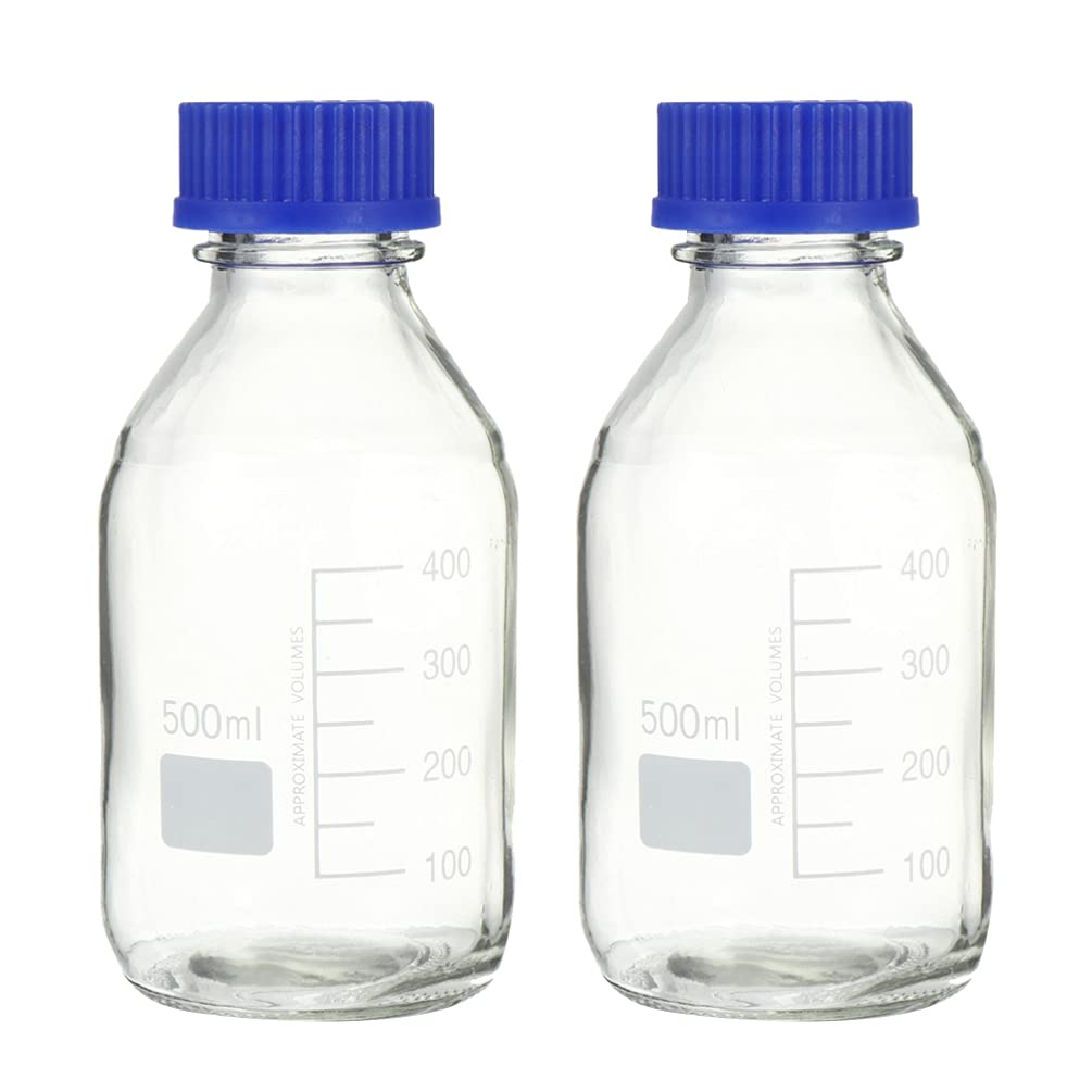 iplusmile 2pcs Graduated Glass Bottle Round Bottle Reagent Laboratory Sample with Polypropylene Screw Cap 500ml