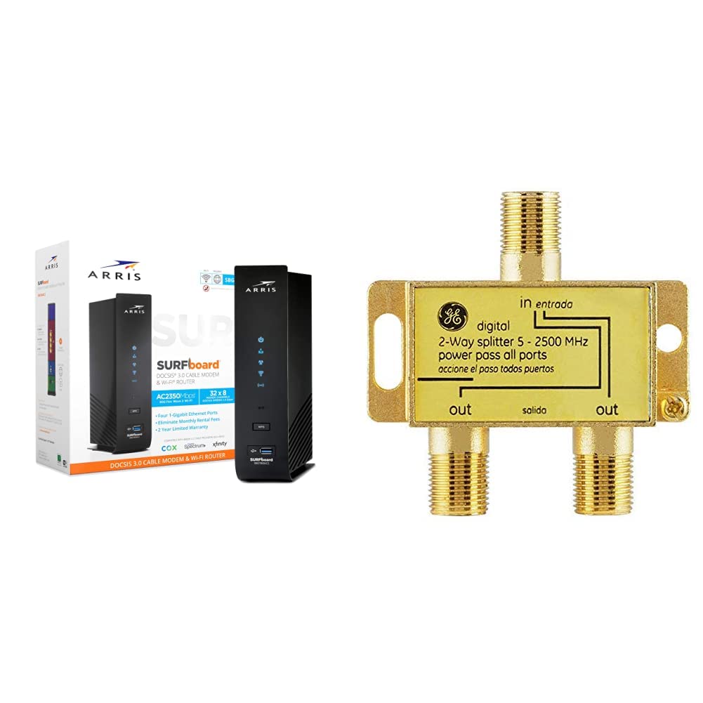 ARRIS SURFboard SBG7600AC2 DOCSIS 3.0 Cable Modem & AC2350 Wi-Fi Router and GE Digital 2-Way Coaxial Cable Splitter