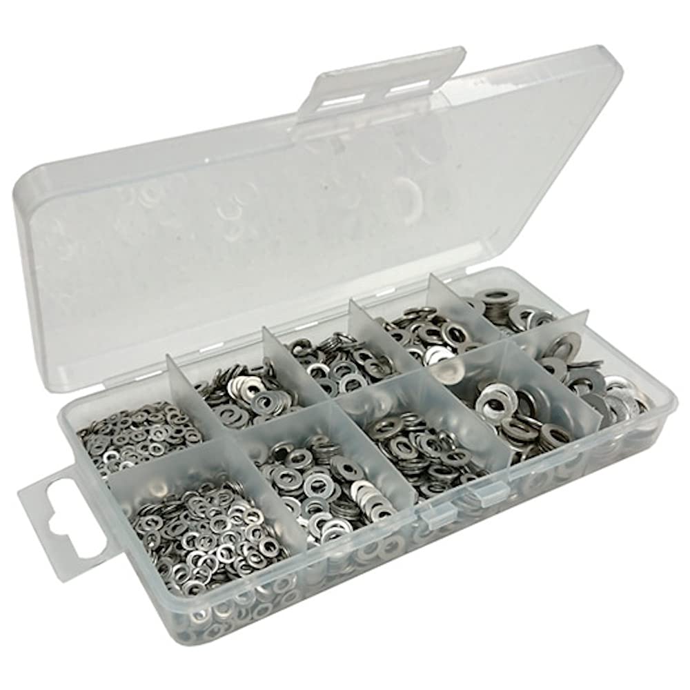 Merriway BH06562 (500 Pcs) Assortment of Marine Grade AISI 316 Stainless Steel Flat Washers in a 10 Compartment Carry Case - Pack of 500 Pieces