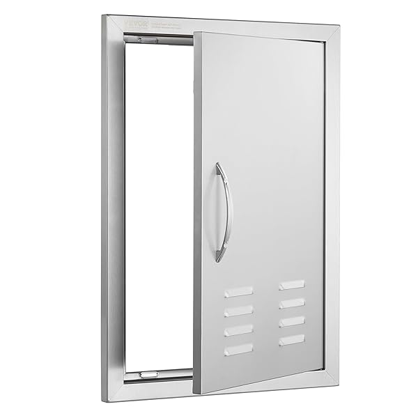 VEVOR BBQ ACCESS DOOR, 17W X 24H INCH SINGLE OUTDOOR KITCHEN DOOR, STAINLESS STEEL FLUSH MOUNT DOOR, WALL VERTICAL DOOR WITH HANDLE, VENTS AND HOOK, FOR BBQ ISLAND, GRILLING STATION, OUTSIDE CABINET