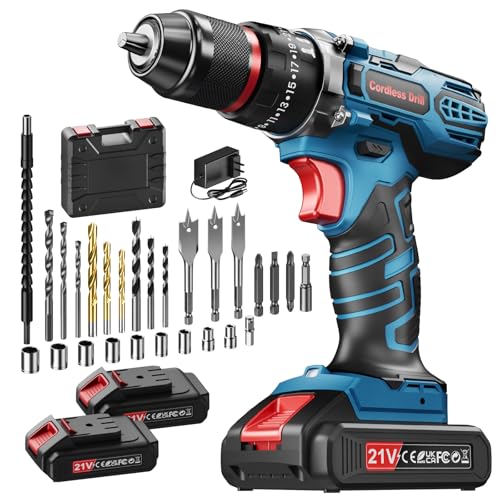 21V Akku Schlagbohrschrauber, Akkuschrauber Set mit 2 x 2,0Ah Akkus, Akku Bohrmaschine 45Nm Max, 25+3 Akku Bohrschrauber, 2 Gang Schlagbohrmaschine Akku, LED, 2