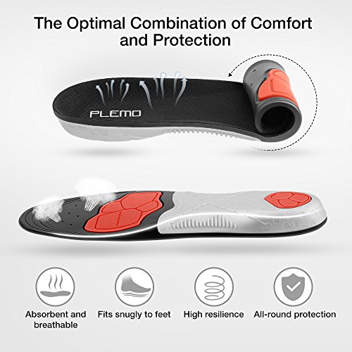 Plemo Athletic Shoe Insoles Cuttable, Arch SUPPORTS Orthotics Shoe Inserts For Plantar Fasciitis and Flat Feet For Pain Relief, Full Length (Size 8-12 Black)