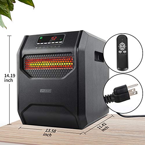 LIFE SMART Quartz Electric Space Heater with Adjustable Thermostat, Large LED Display, Digital Remote Control, 12 Hour Timer, 13.6 x 11.4 x 14.2 inch, Black