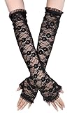 Pair Wedding Feminine Fingerless Arm Warmer Elbow Length Lace Gloves - Black