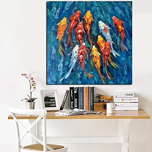 RQMQRL Wall Art Picture Traditional Chinese Abstract Landscape Oil Painting Print Nine Koi Fish On Canvas Poster For Living Room Decor
