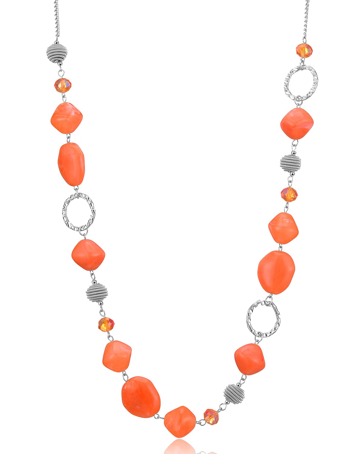 BULINLIN Beaded Long Silver Necklaces for Women, Handmade Statement Sweater Chain Necklace with Crystal Beads for Fashion Jewelry gifts(Dark light orange)