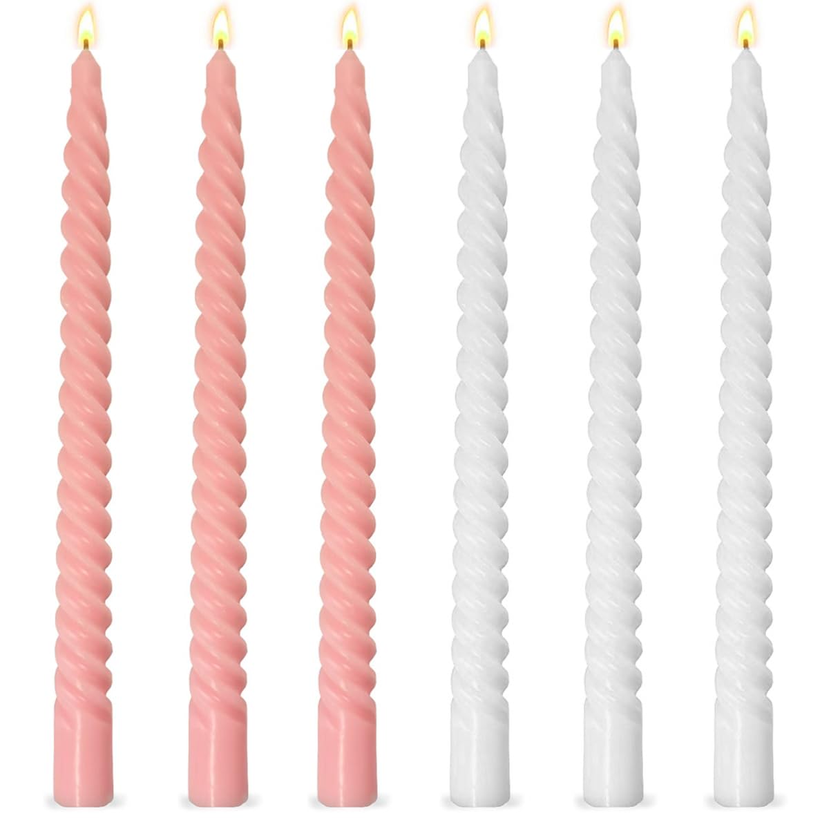 Photo 1 of 10 Inch 3 Pink and 3 White Spiral Taper Candle Set, Unscented Dripless Candlesticks for Wedding, Holiday Décor, and Festive Dinners