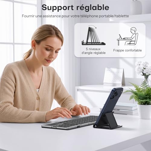 OMOTON Clavier sans Fil Pliable avec Pavé Tactile et Pavé Numérique, Clavier Bluetooth AZERTY Rechargeable, Multi-appareils, Portable Keyboard pour PC Tablette iPad Windows Mac Android