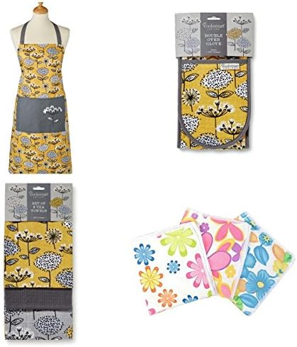 Cooksmart Kitchen Pack Bundle, Tea towels, Oven Gloves and Apron Set. House warming present, New House gift set. Ideal present. Free 3 pack micro fibre floral cleaning cloths. (Retro Meadow)
