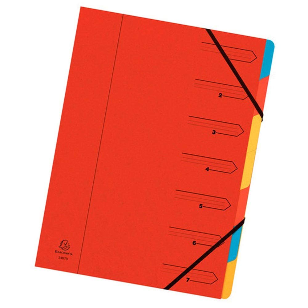 Exacompta - Ref 54075E - Stapled Spine Multipart File - 245 x 320mm in Size, Suitable for Storing A4 Documents - 7 Tabbed Sections - Red Cover with Multicoloured Tabs