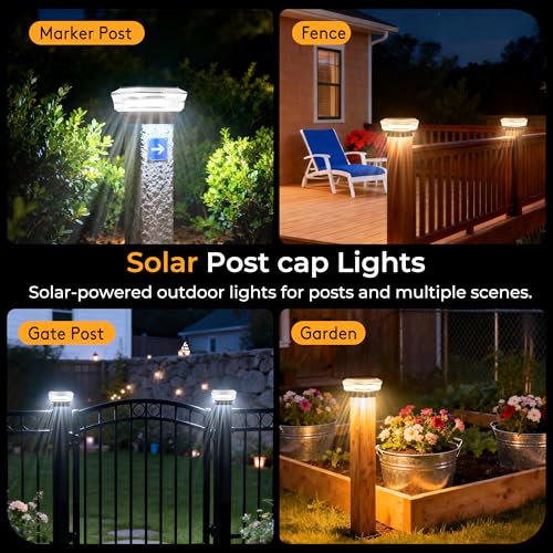 Quntis 30 LED Solar Post Caps, 4 Pieces, 3 Colours 3000-6500K, Solar Post Cap Lights IP65 Waterproof Post Cap for Fences, Pillars, Terraces