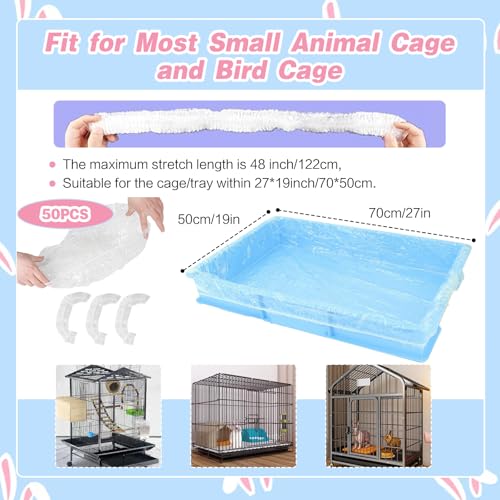 SUSOO 50 Pcs Universal Disposable Pet Cage Liners-122cm Elastic PE Tray Covers for Small & Large Cages Base Litter, Leakproof Plastic Film for Birds,Parrot, Rabbits,Hamster and Animal Cage Accessories