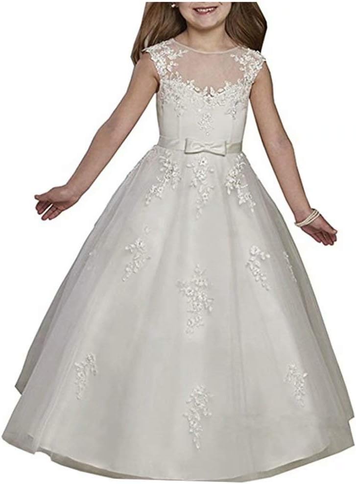 Gergeous Lace Applique Flower Girl Dresses Sleeveless First Communion Dress Beading Pageant Ball Gown