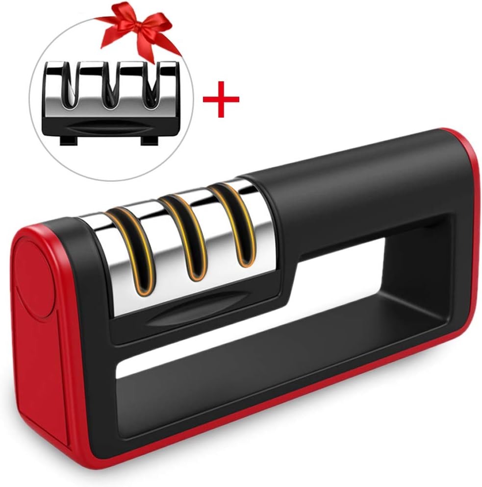 Trongle Sharp Knife Sharpener – 3 in 1 Non-Slip Ergonomic for Professional Kitchen Knife Sharpener, Diamond rods, Tungsten Carbide Plates, Ceramic Stone, Safe(with a Replaceable Sharpening Head)