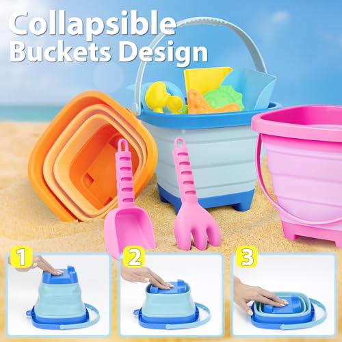 Dreamon Beach Sand Toys for Kids Bucket and Spade Castle Sand Pit Toy with Collapsible Folding Bucke and Marine Animal Moulds Indoor Outdoor Toys for Children Toddles Age 3 4 5 (14 PCS)