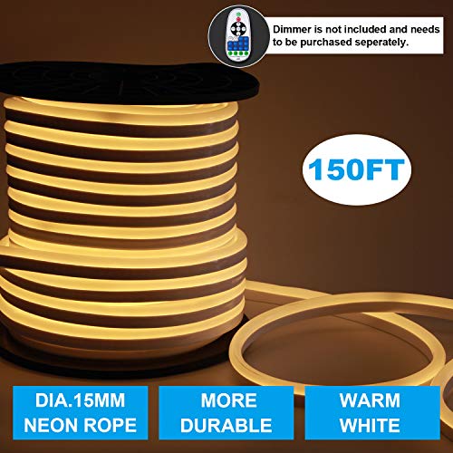 Shine Decor LED Neon Lights, 110V Dimmable Flexible Waterproof Rope Lights, 2835 120LEDs/M, for Indoor Outdoor Commercial Lighting Decoration, Accessories Included, 150ft 3000K Warm White