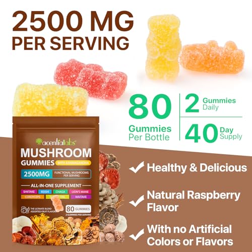 Mushroom Gummies, 80 Count Mushroom Supplement Gummies with Ashwagandha, Lion's Mane, Reishi & Chaga - All in One 2500mg Functional Mushrooms Support Immunity & Energy, Boost Vitality Overall Health