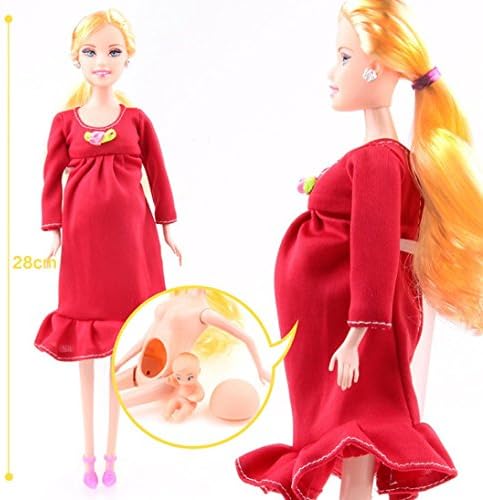 SOMESUN Dress Real Pregnant Doll Suit For Barbie Mom Doll Have A Baby In Her Tummy (Red)