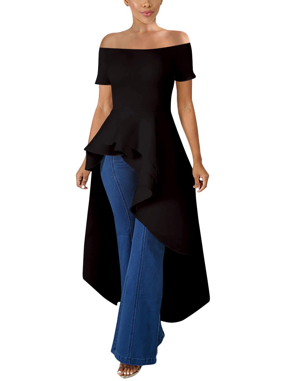 Photo 1 of Lrady Womens Off Shoulder Tops High Low Short Sleeve Ruffle Peplum Tunic Party Blouse Casual Shirt Dress Black S