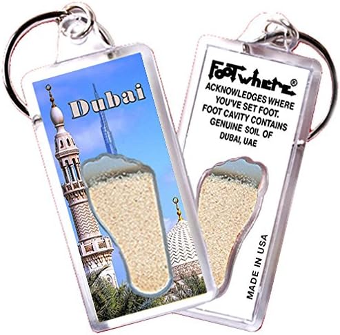 Dubai"FootWhere" Keychain. (DU106 - Temple) Authentic Destination Souvenir acknowledging Where You've Set Foot. Genuine Soil of Featured Location encased Inside Foot Cavity. Made in USA.