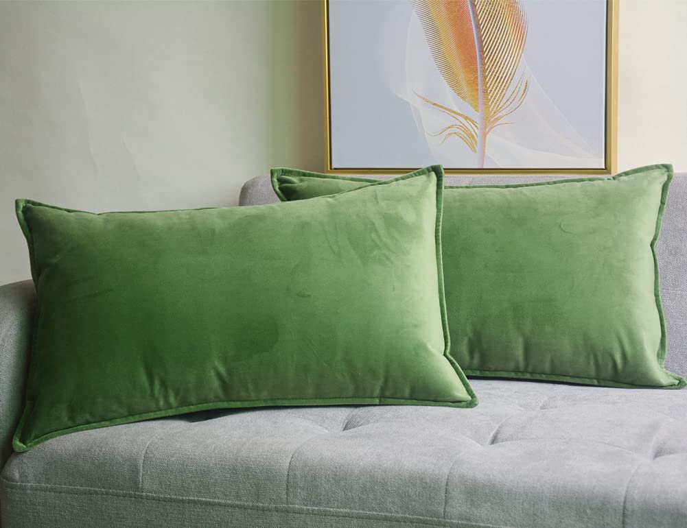 Lutanky Olive-Green Velvet Cushion Covers 30 x 50 cm Decorative Rectangle Throw Pillow Covers (Pack of 2) Soft Oblong Piped Pillowcases for Sofa Bedroom with Invisible Zipper 12x20 Inch