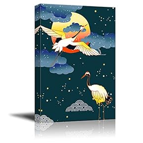 Canvas Wall Art Chinese Traditional Lucky Crane Painting Artwork for Home Prints Framed - 12x18 inches