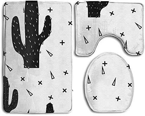 3 Piece Bathroom Non-Slip Black Cactus Set Flannel Lid Bath Mat, Contour & Seat Cover Absorbent Bathroom Mat Set With Lantax Backing