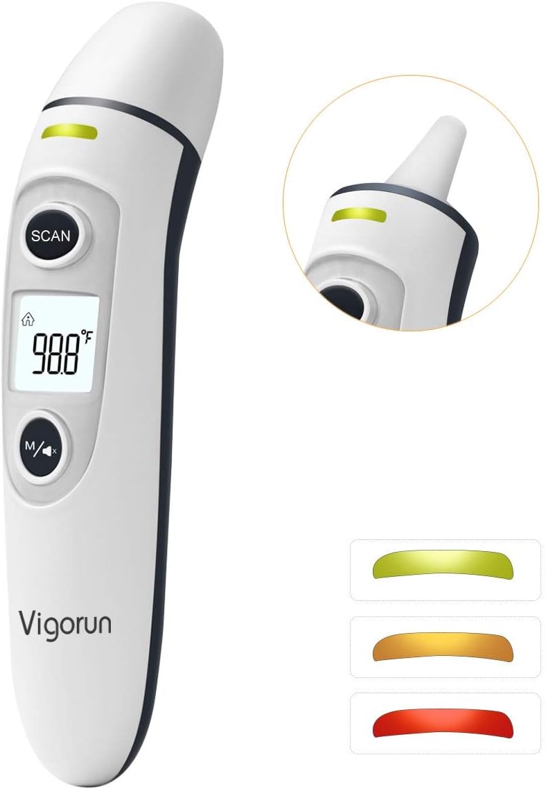 Vigorun Forehead and Ear Thermometer Infrared Detection Tri-Color Display with Fever Warning Digital Medical Thermometer for Baby, Kid, Adult
