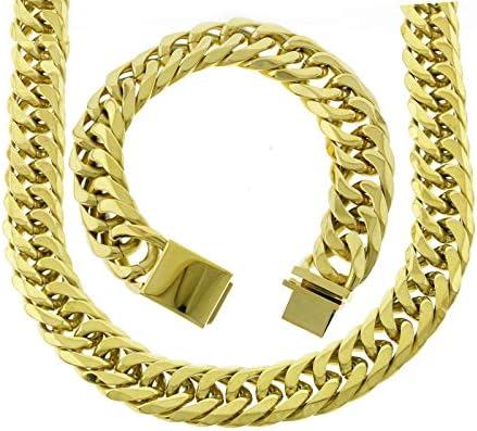 Solid 14k Yellow Gold Finish Stainless Steel 21mm Thick Miami Cuban Link Choker Chain Necklace & Bracelet Set 20 inches