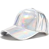 niumanery Women Men Faux Leather Baseball Cap Glitter Metallic Holographic Rainbow Reflective Hip Hop Adjustable Strapback Peaked Hat Silver