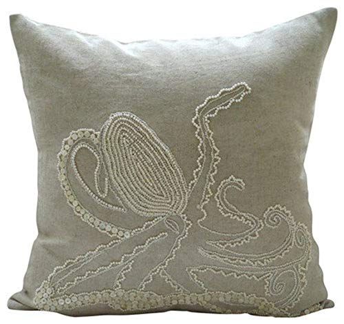 The HomeCentricEcru Throw Pillow Cover, Octopus Ocean Beach Theme Pillow Cover, 20x20 inch (50x50 cm) Pillow Cover, Floral Mediterranean Pillowcase, Square Cotton Linen, Sea Easter - Octopus