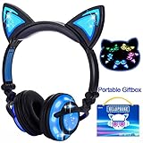 Kids Headphones - Qiwoo Wired On/Over Ear Cat Headphones with USB Rechargeable Full Glowing LED Light Up Foldable for Girls Boys Toddlers Women Electronic Musical Travel School Office Tablets, Black