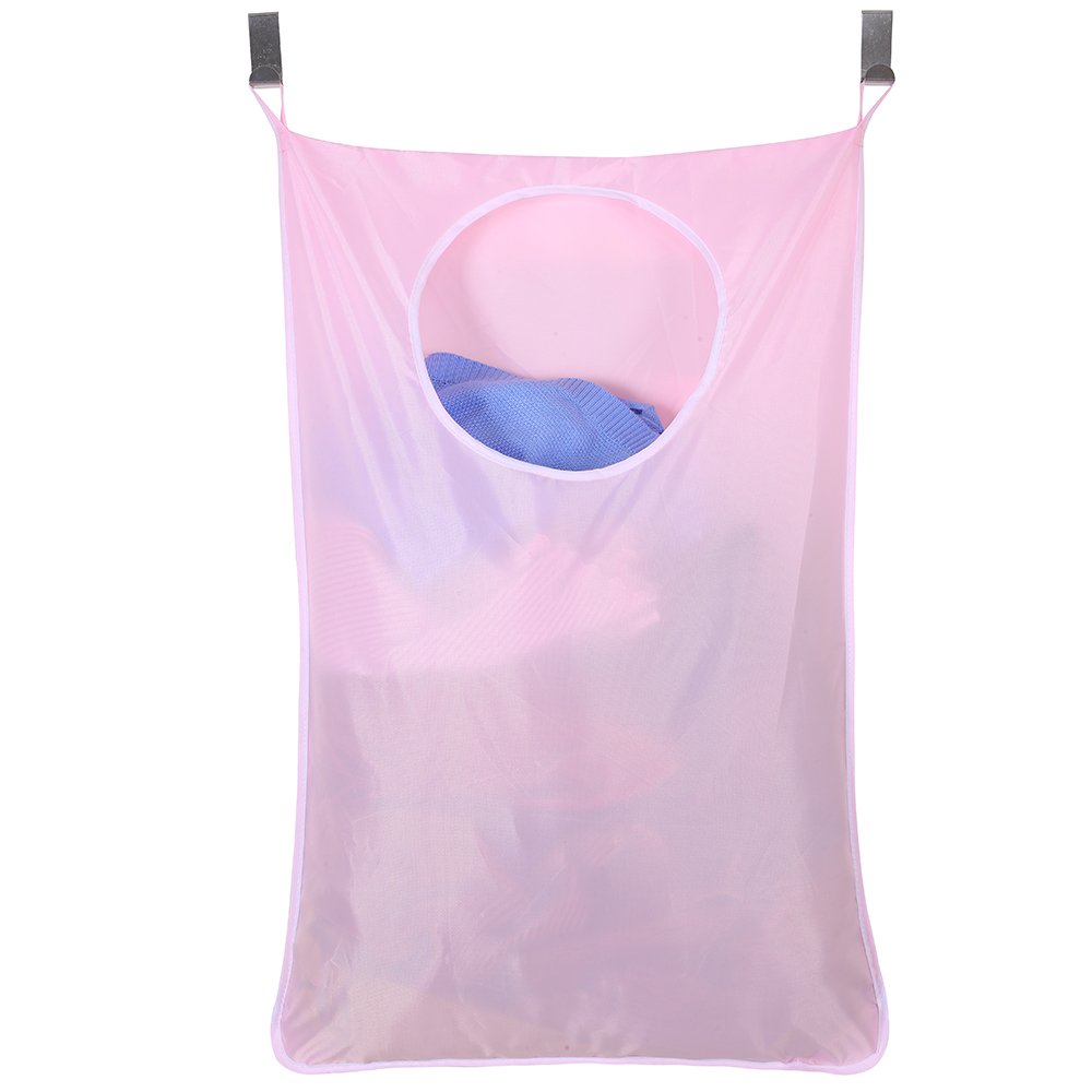 Oxford Fabric Space Saving Door-Hanging Laundry Hamper Bag + 2 Stainless Steel Hooks + 2 Strong Suction Cups for Bedroom, Nursery, Dorm or Closet (Pink)