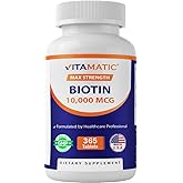 Vitamatic Biotin 10,000 mcg, 365 Vegan Tablets, Also Called Vitamin B7 | Max Strength Biotin, Hair, Skin &amp; Nail Health Support*, Gluten Free, 3rd Party Lab Tested, Made in USA