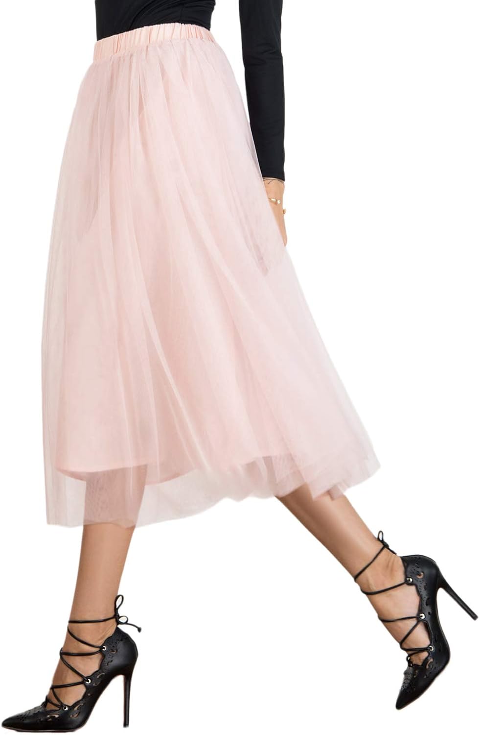 Joeoy Women's Elastic Waist Ballet Layered Princess Mesh Tulle Midi Skirt at  Women’s Clothing store