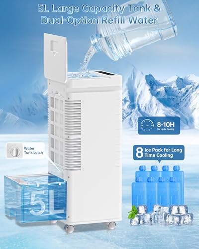 Portable Air Conditioners, Swamp Cooler Portable AC Unit for Room, Windowless Cooling Fan That Blow Cold Air w/Remote 5L Tank 12 Speeds 9H Timer, Evaporative Air Cooler for Bedroom Gara (White)