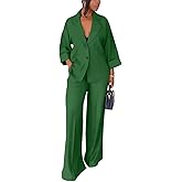 Casual Blazer Pants Suits for Women Dressy Oversized Long Sleeve Blazer and Wide Leg Pants 2 Piece Outfits