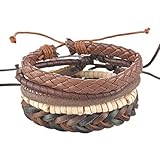 MJartoria Unisex PU Leather Hemp Cords Beaded Multi Strands Adjustable Wrap Bracelets Set of 5 Brown