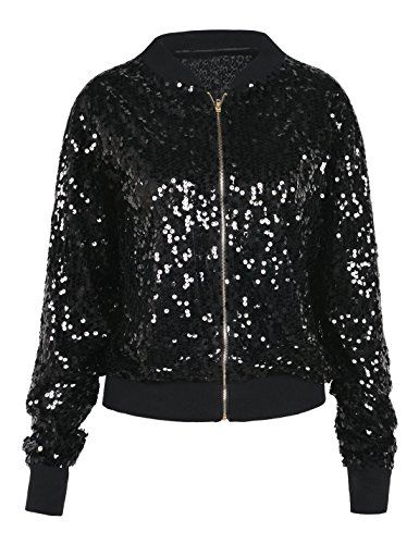 PrettyGuide Women s Sequin Blazer Sparkly Long Sleeve Zipper Casual Bomber Jacket XL/10-12 Black